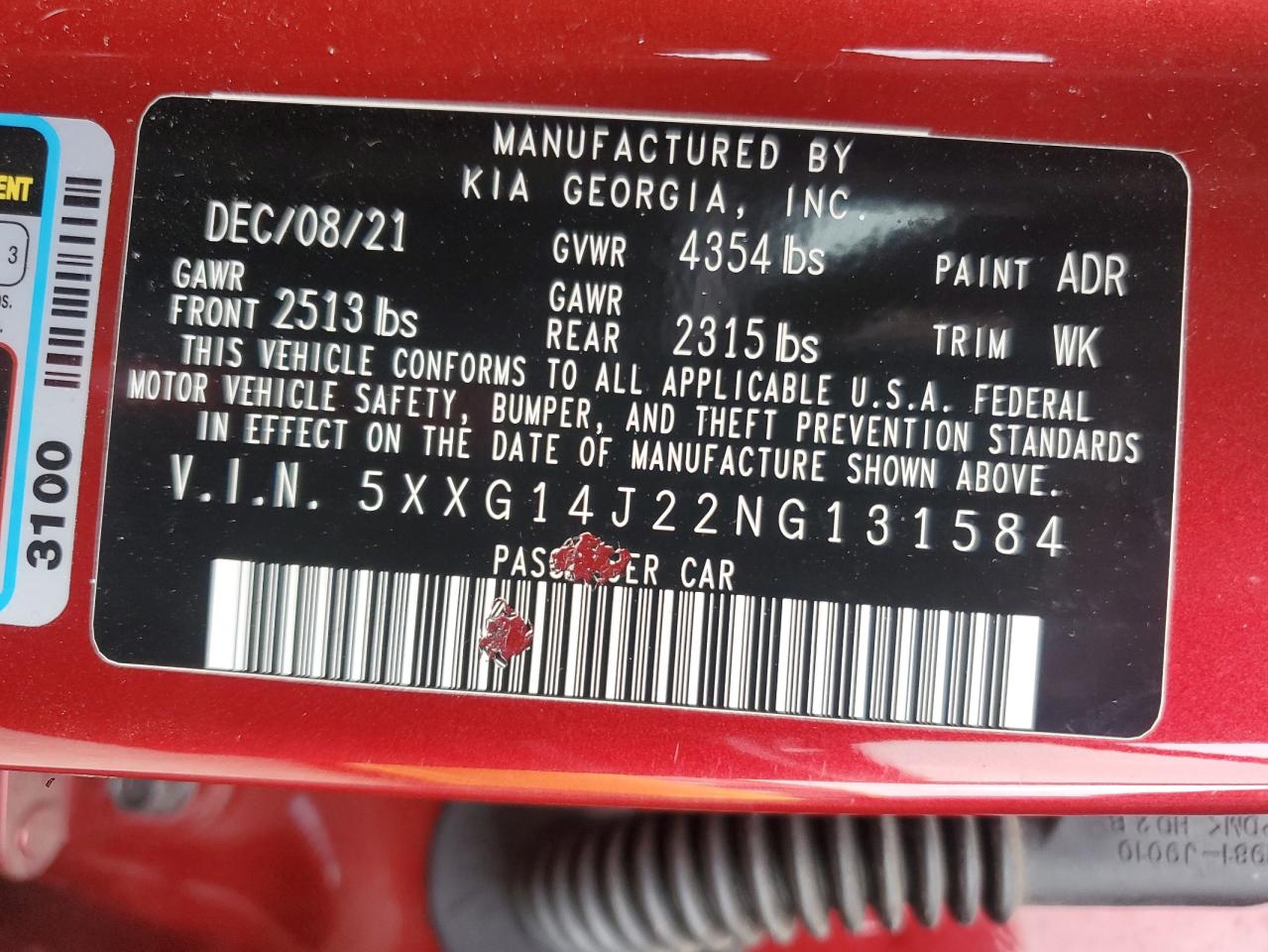 2022 KIA K5 LXS VIN:5XXG14J22NG131584
