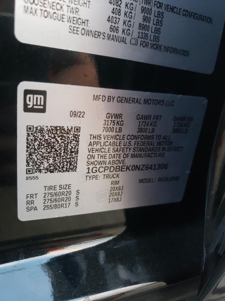 2022 CHEVROLET SILVERADO K1500 CUSTOM VIN:1GCPDBEK0NZ641306