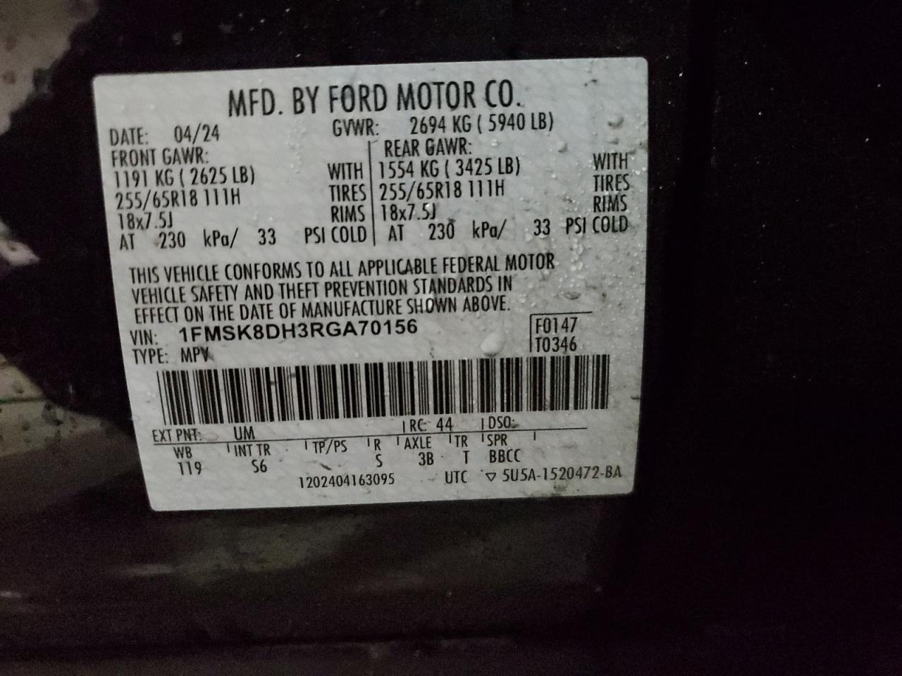 2024 FORD EXPLORER XLT VIN:1FMSK8DH3RGA70156