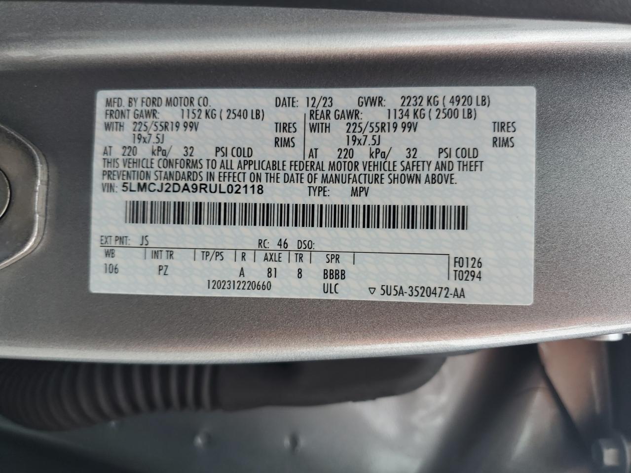 2024 LINCOLN CORSAIR RESERVE VIN:5LMCJ2DA9RUL02118