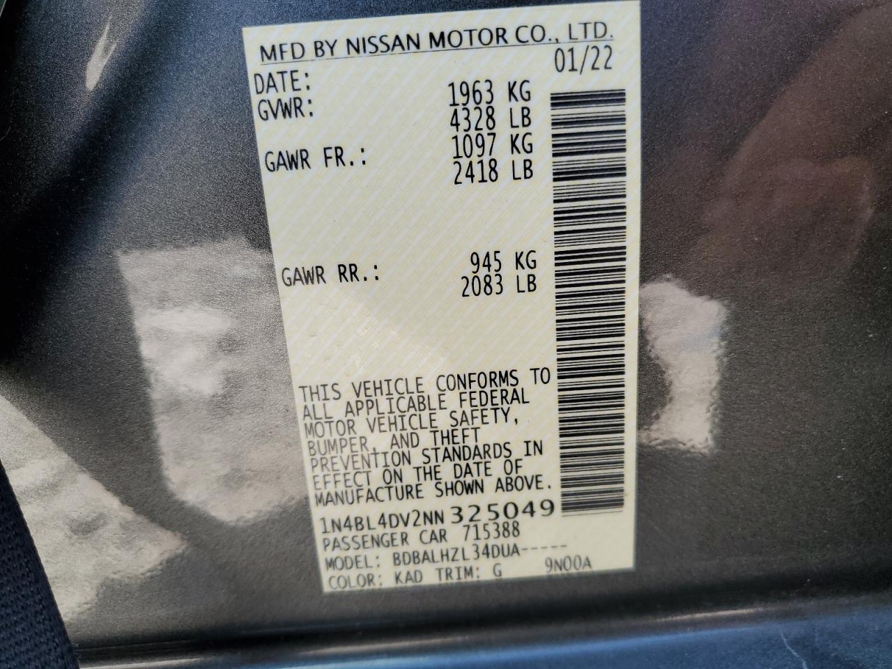 2022 NISSAN ALTIMA SV VIN:1N4BL4DV2NN325049