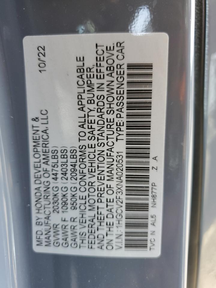 2022 HONDA ACCORD SPORT VIN:1HGCV2F3XNA020531