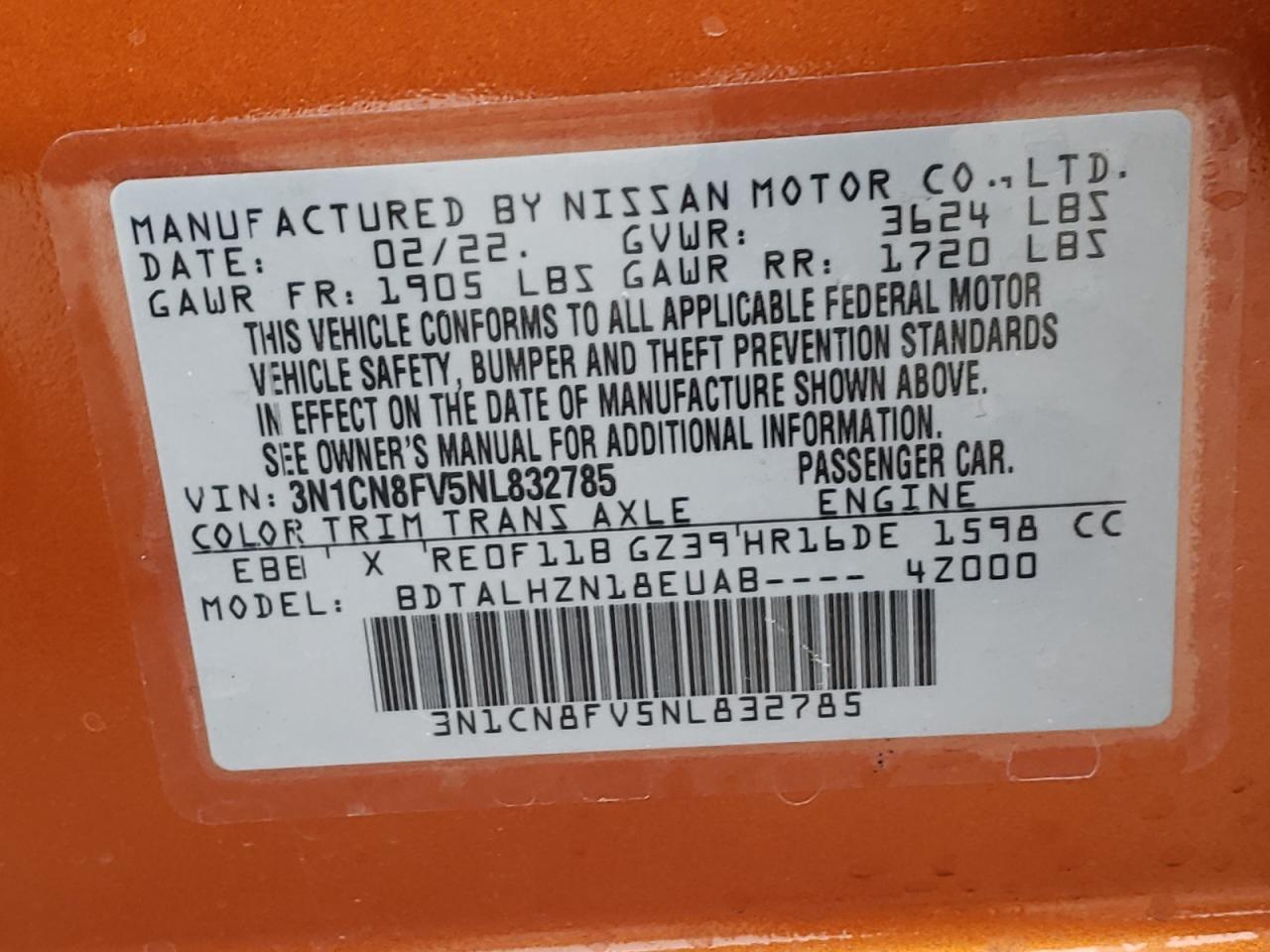 2022 NISSAN VERSA SR VIN:3N1CN8FV5NL832785