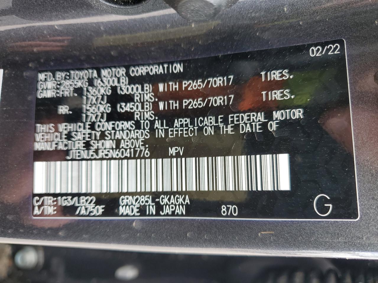 2022 TOYOTA 4RUNNER SR5/SR5 PREMIUM VIN:JTENU5JR5N6041776