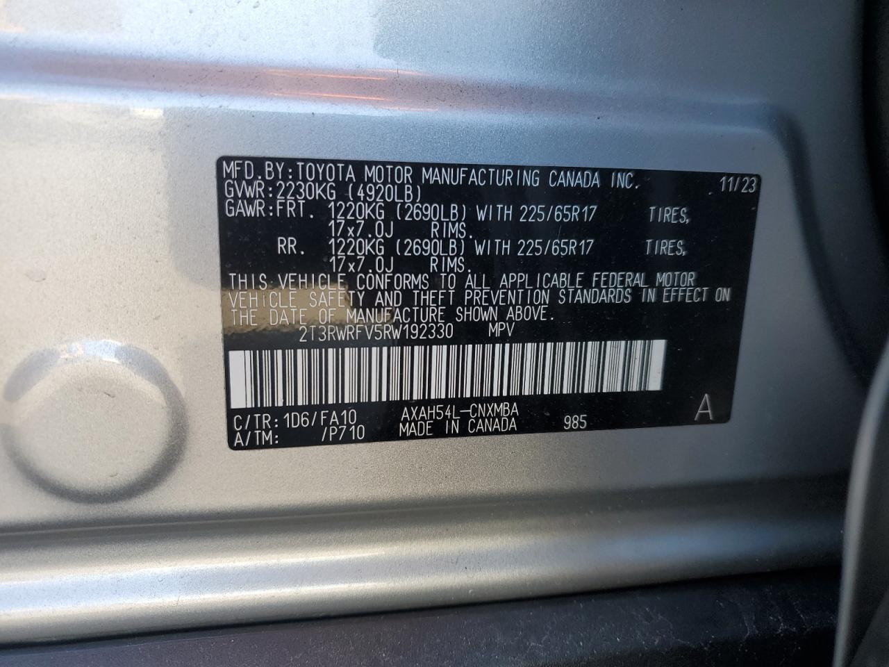 2024 TOYOTA RAV4 XLE VIN:2T3RWRFV5RW192330