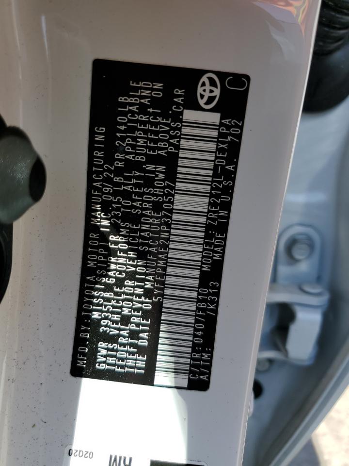 2022 TOYOTA COROLLA LE VIN:5YFEPMAE2NP370527