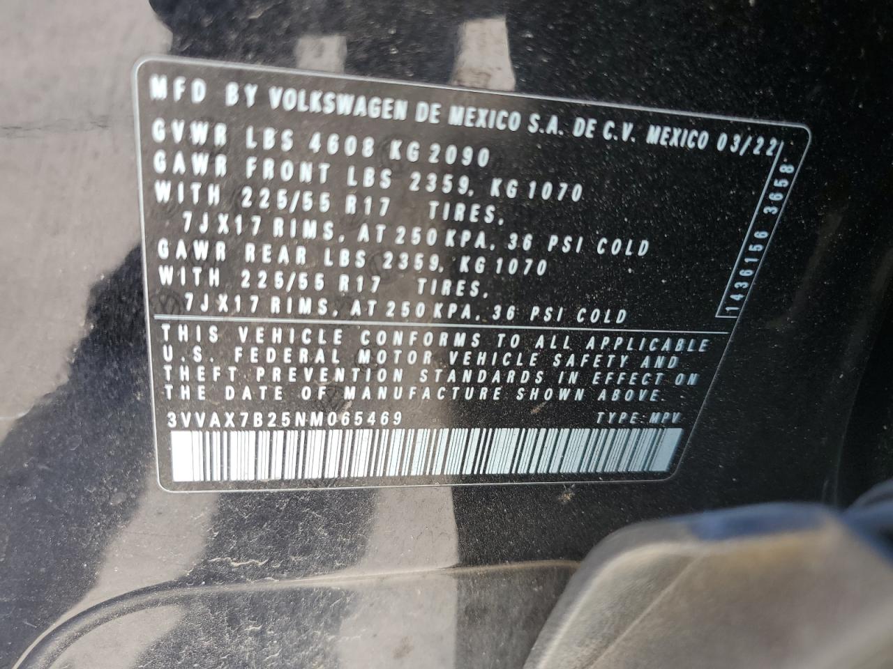 2022 VOLKSWAGEN TAOS S VIN:3VVAX7B25NM065469