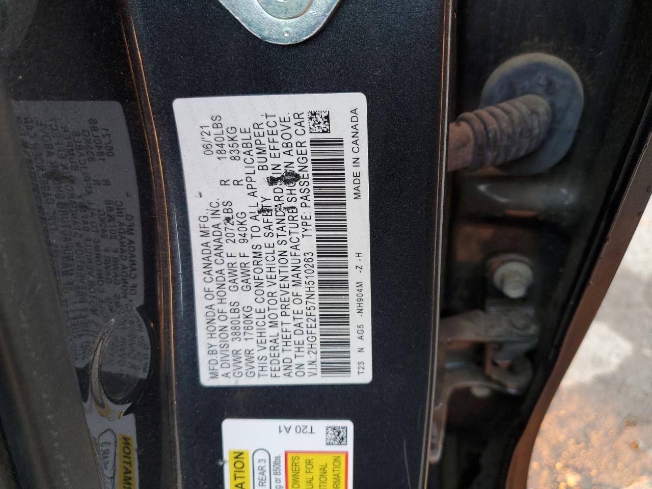 2022 HONDA CIVIC SPORT VIN:2HGFE2F57NH510263