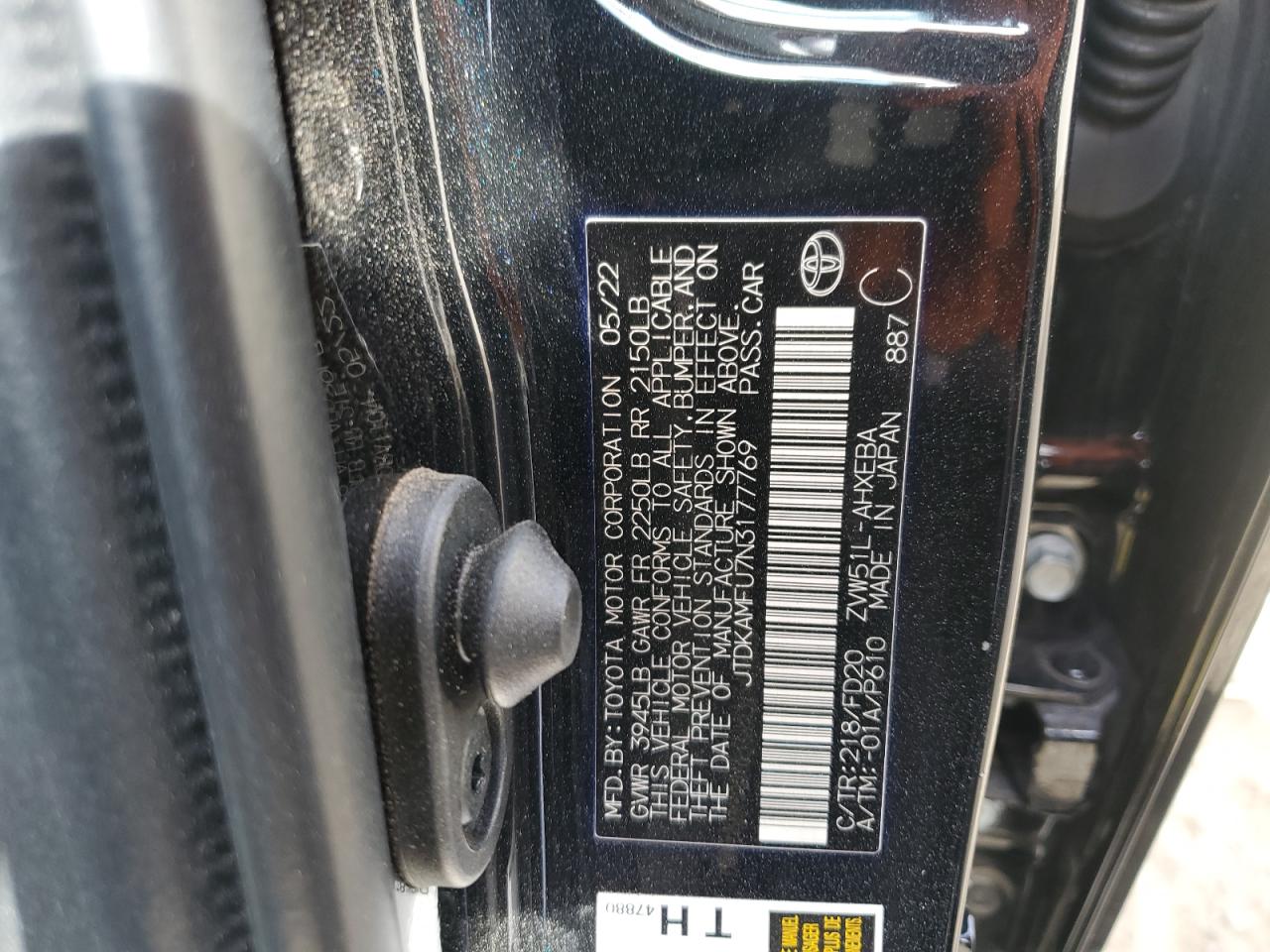 2022 TOYOTA PRIUS NIGHT SHADE VIN:JTDKAMFU7N3177769