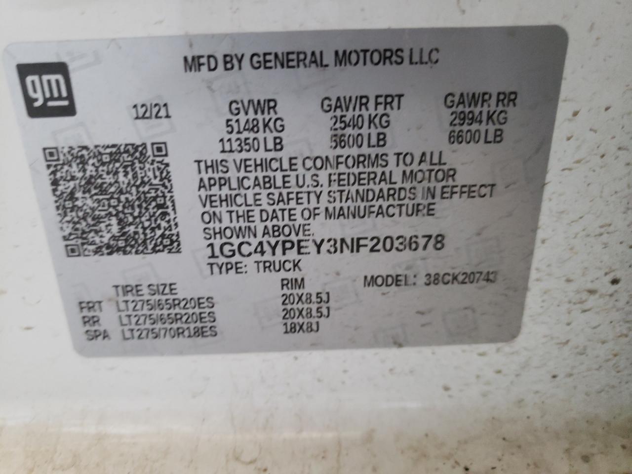 2022 CHEVROLET SILVERADO K2500 HEAVY DUTY LTZ VIN:1GC4YPEY3NF203678