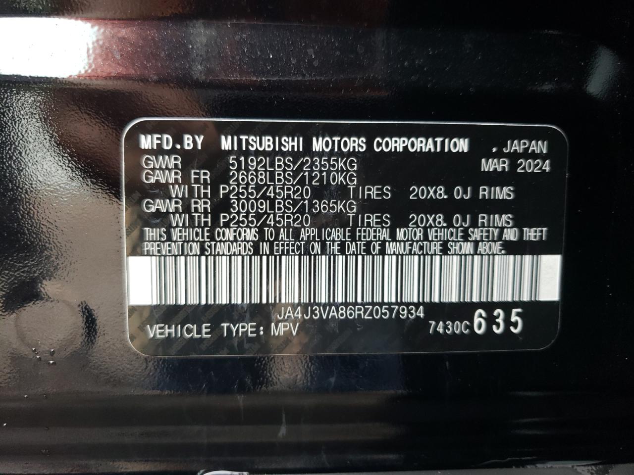 2024 MITSUBISHI OUTLANDER SE VIN:JA4J3VA86RZ057934