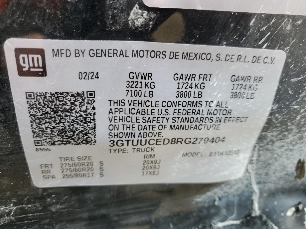 2024 GMC SIERRA K1500 ELEVATION VIN:3GTUUCED8RG279404