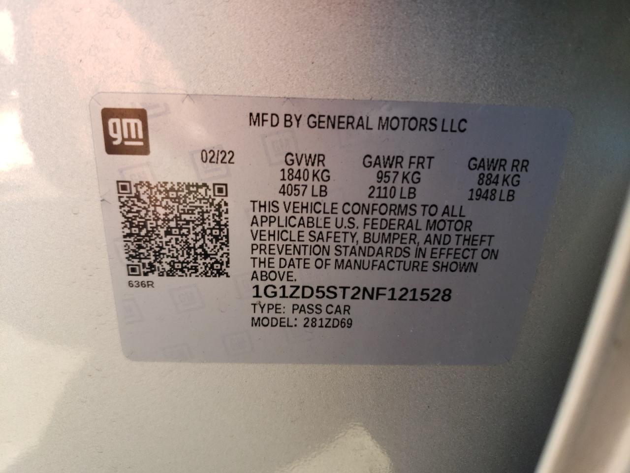 2022 CHEVROLET MALIBU LT VIN:1G1ZD5ST2NF121528