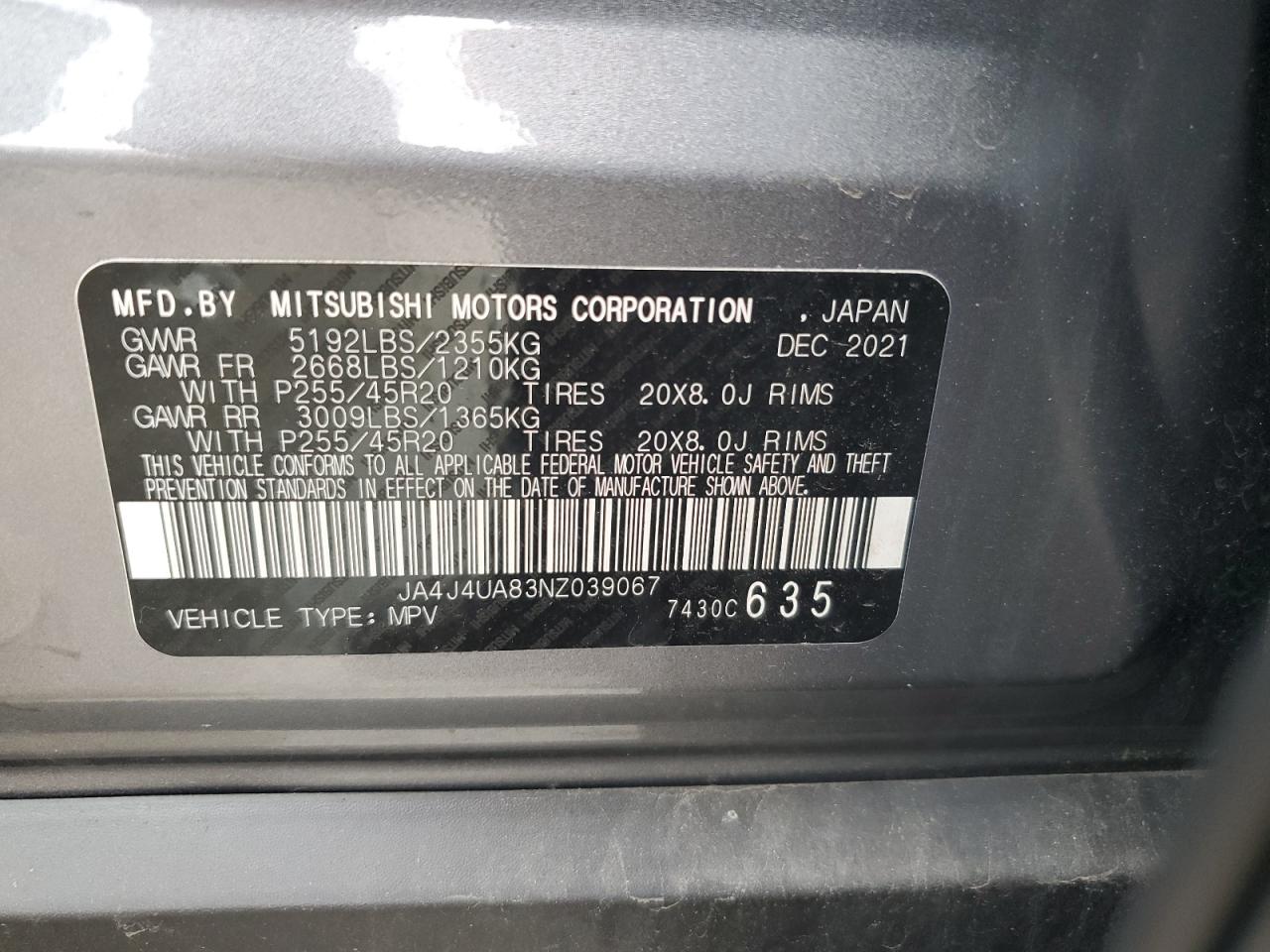 2022 MITSUBISHI OUTLANDER SE VIN:JA4J4UA83NZ039067