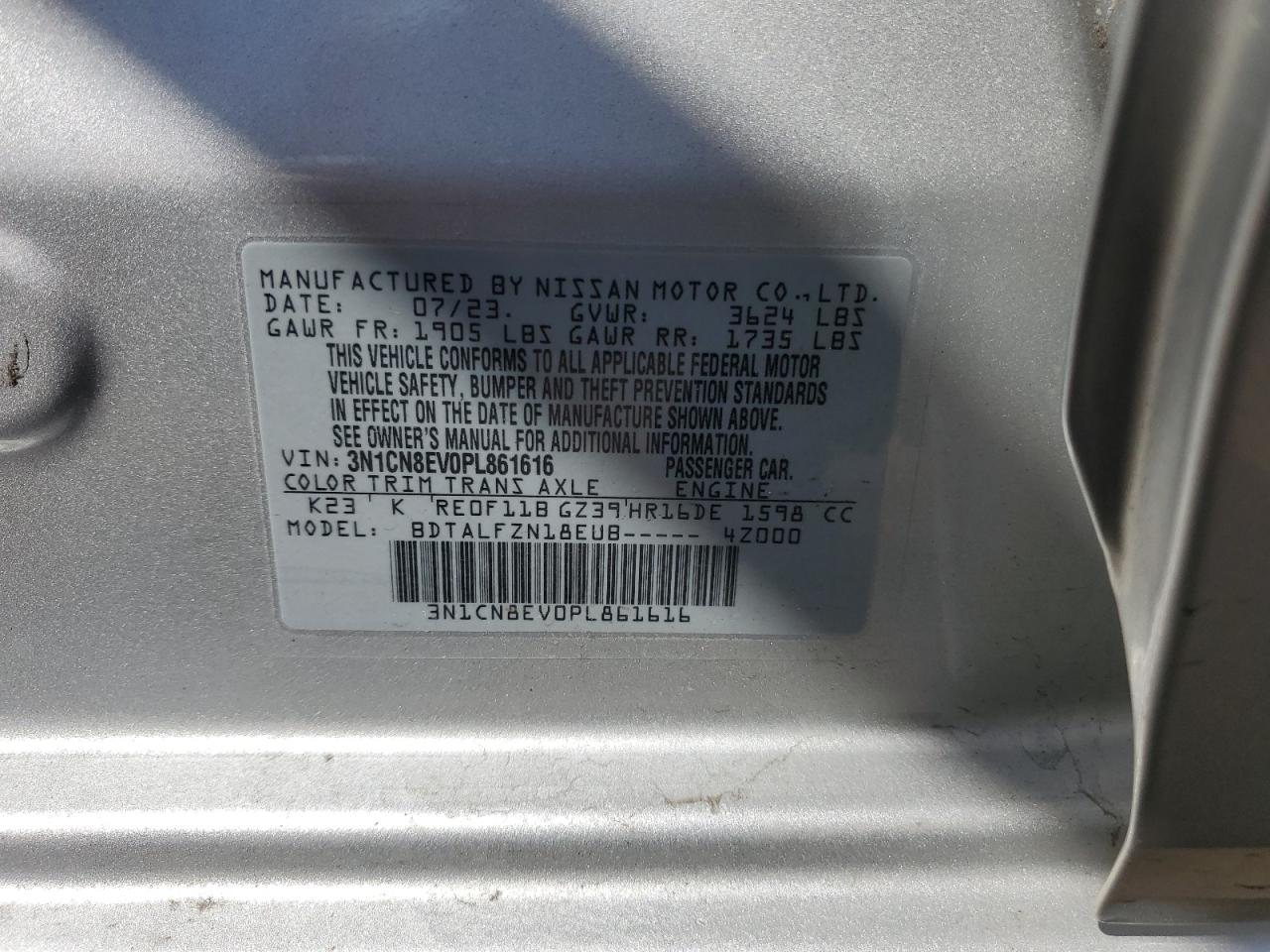 2023 NISSAN VERSA SV VIN:3N1CN8EV0PL861616