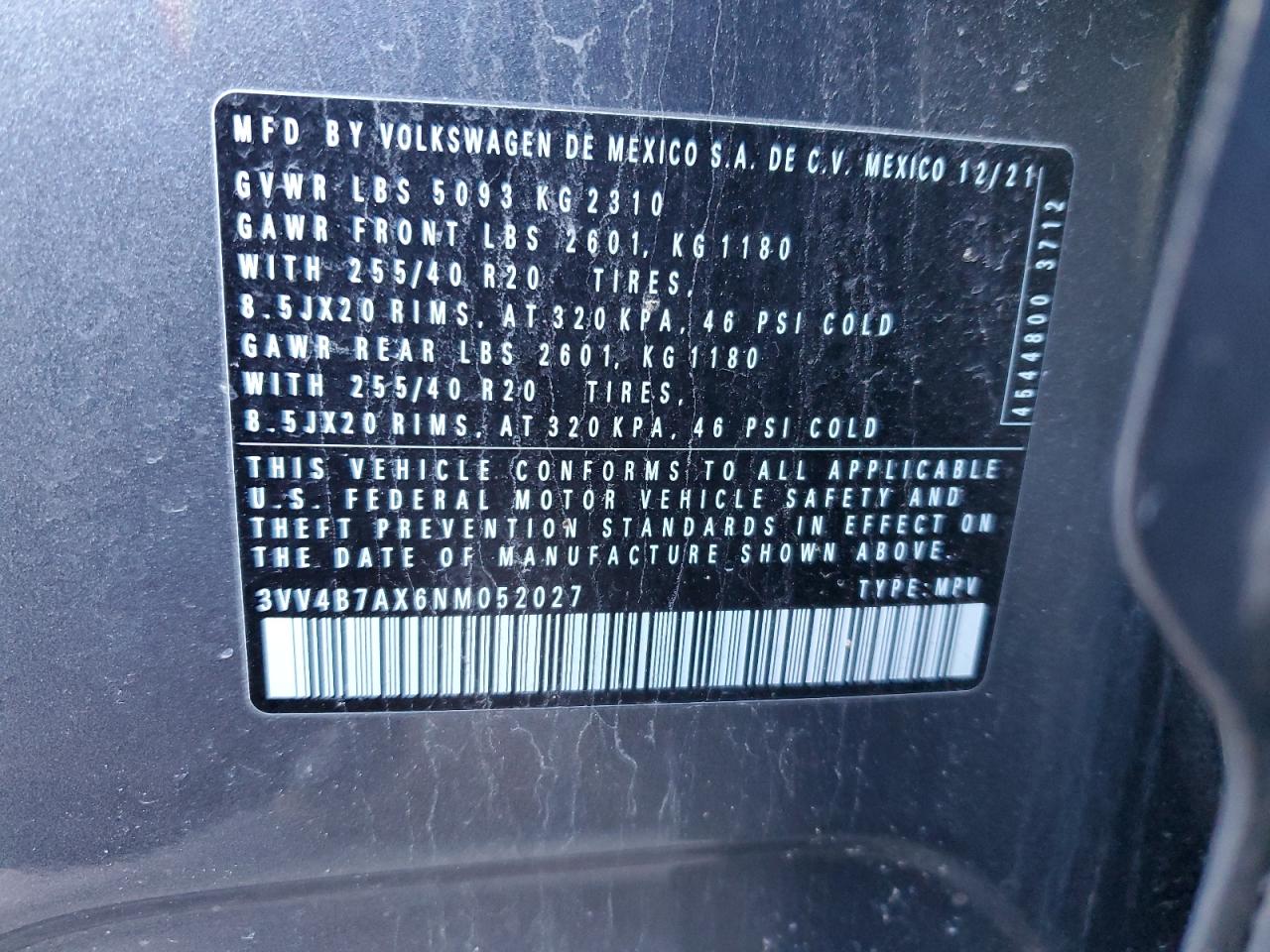 2022 VOLKSWAGEN TIGUAN SEL R-LINE VIN:3VV4B7AX6NM052027