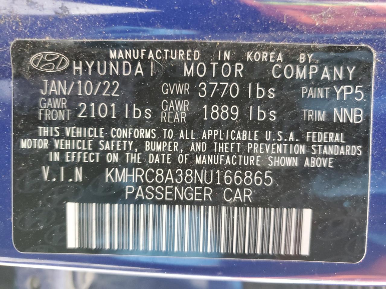 2022 HYUNDAI VENUE SEL VIN:KMHRC8A38NU166865