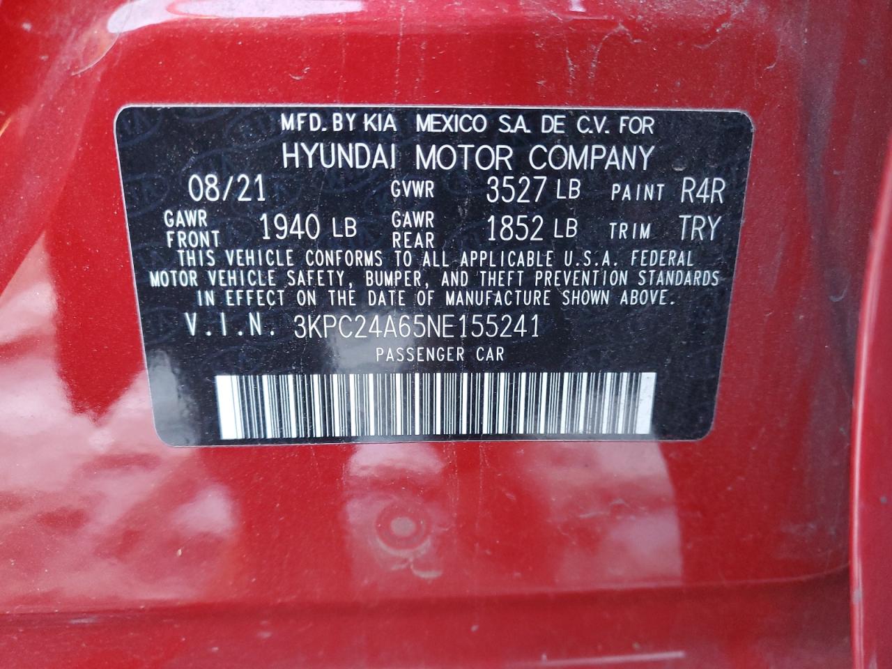 2022 HYUNDAI ACCENT SE VIN:3KPC24A65NE155241