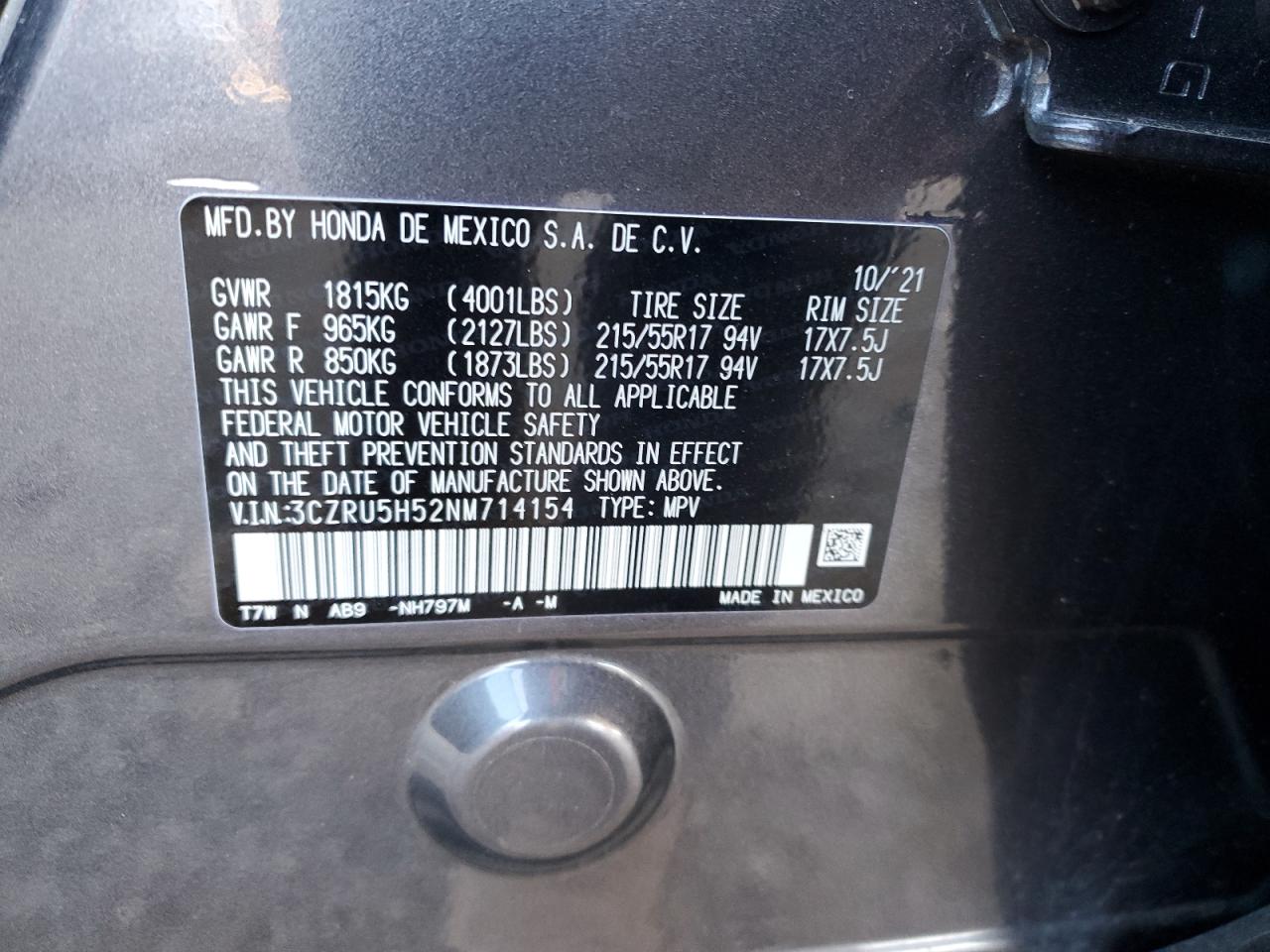 2022 HONDA HR-V EX VIN:3CZRU5H52NM714154
