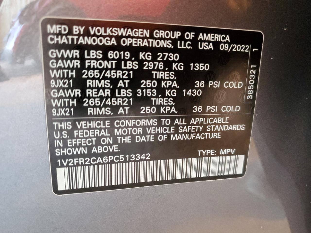2023 VOLKSWAGEN ATLAS SEL PREMIUM R-LINE VIN:1V2FR2CA6PC513342