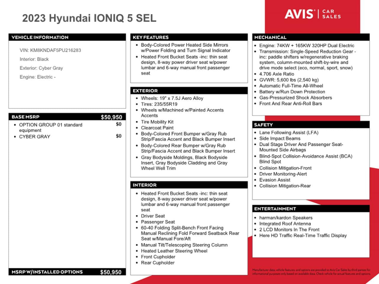 2023 HYUNDAI IONIQ 5 SEL VIN:KM8KNDAF5PU216283