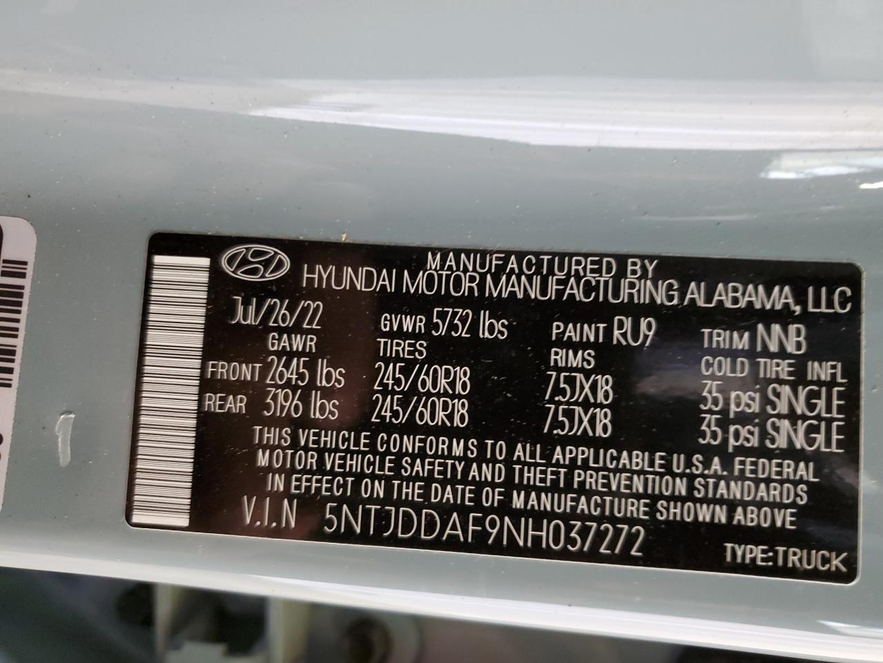 2022 HYUNDAI SANTA CRUZ SEL PREMIUM VIN:5NTJDDAF9NH037272