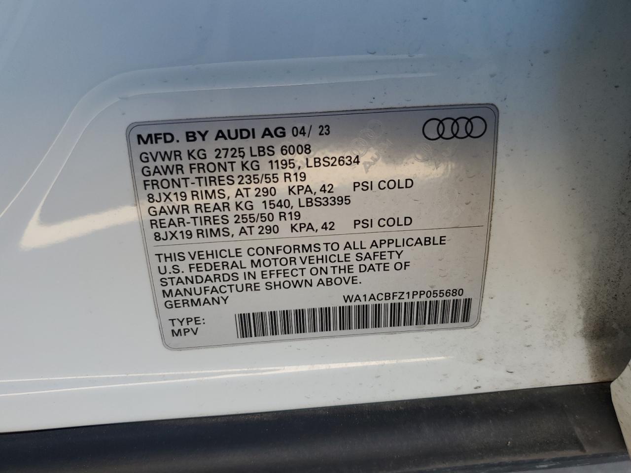 2023 AUDI Q4 E-TRON PREMIUM VIN:WA1ACBFZ1PP055680