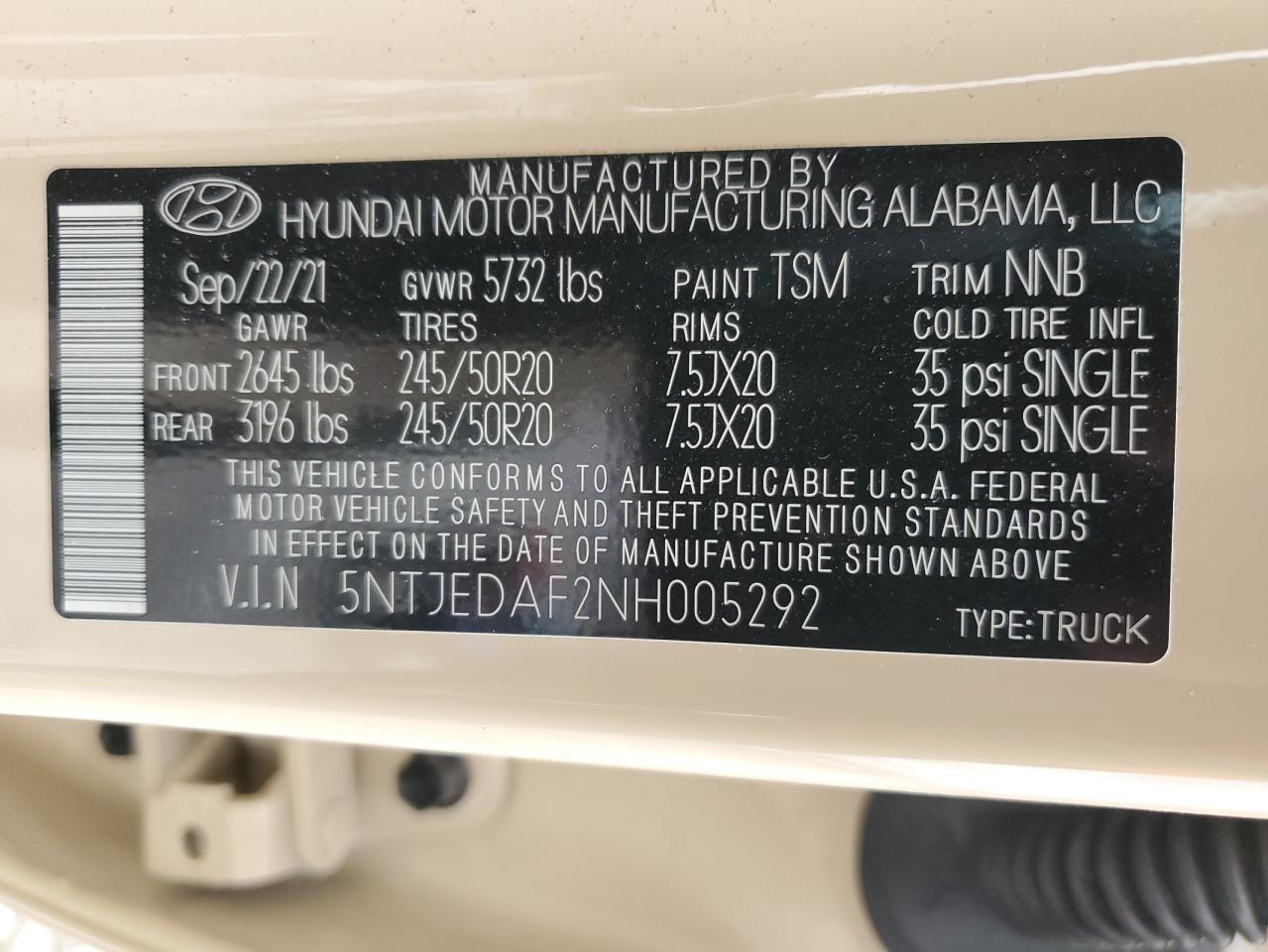 2022 HYUNDAI SANTA CRUZ LIMITED VIN:5NTJEDAF2NH005292