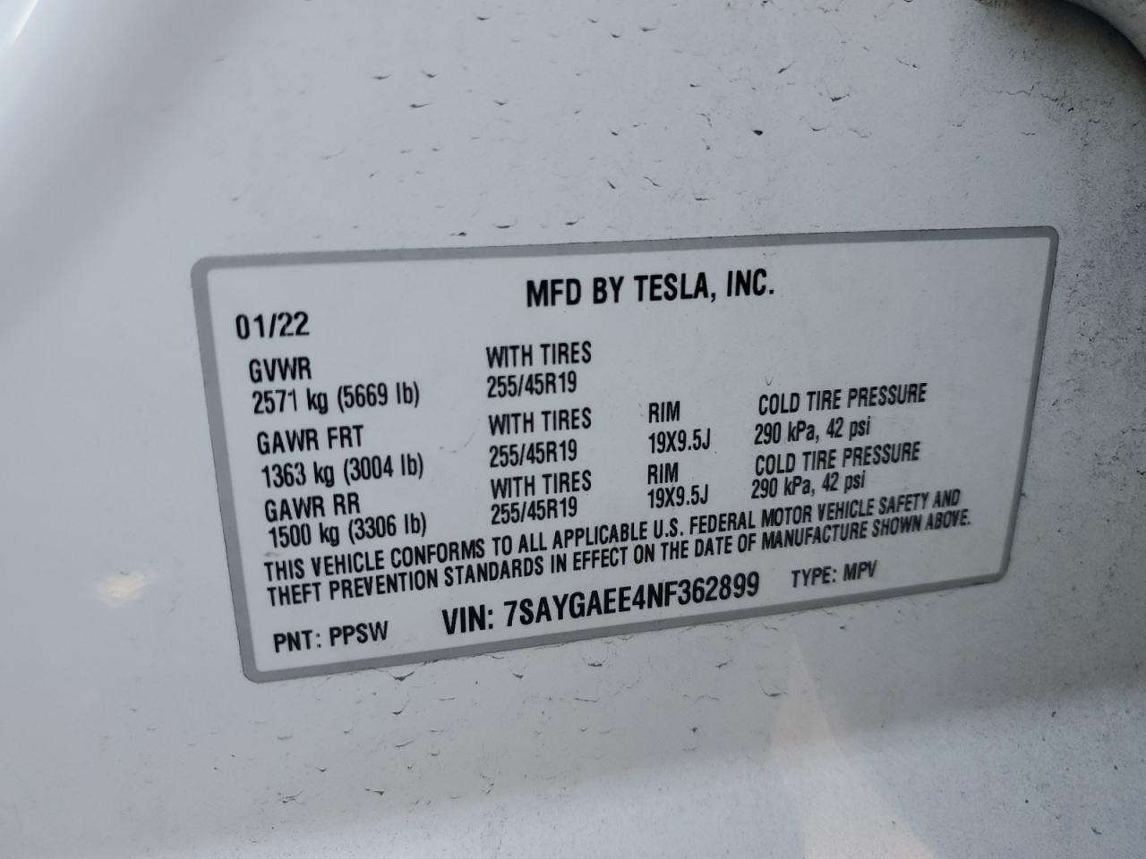 2022 TESLA MODEL Y  VIN:7SAYGAEE4NF362899