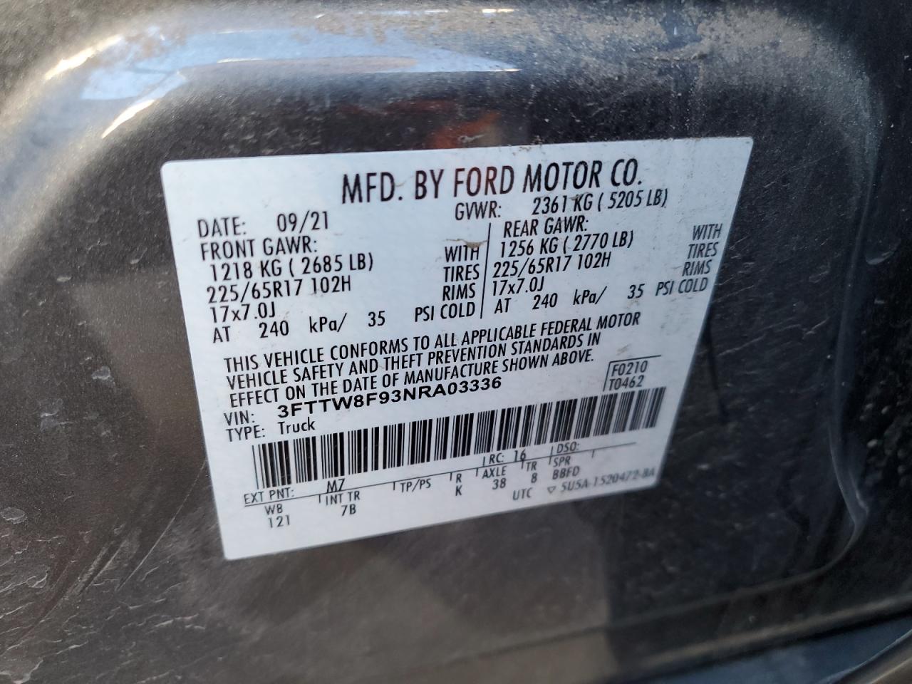 2022 FORD MAVERICK XL VIN:3FTTW8F93NRA03336
