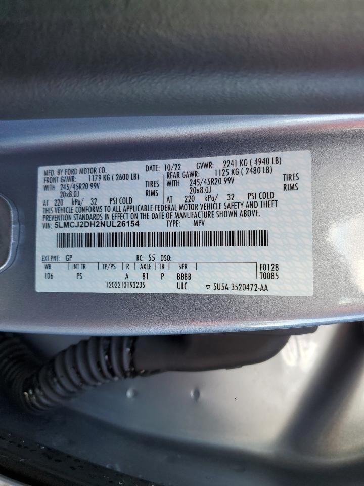 2022 LINCOLN CORSAIR RESERVE VIN:5LMCJ2DH2NUL26154