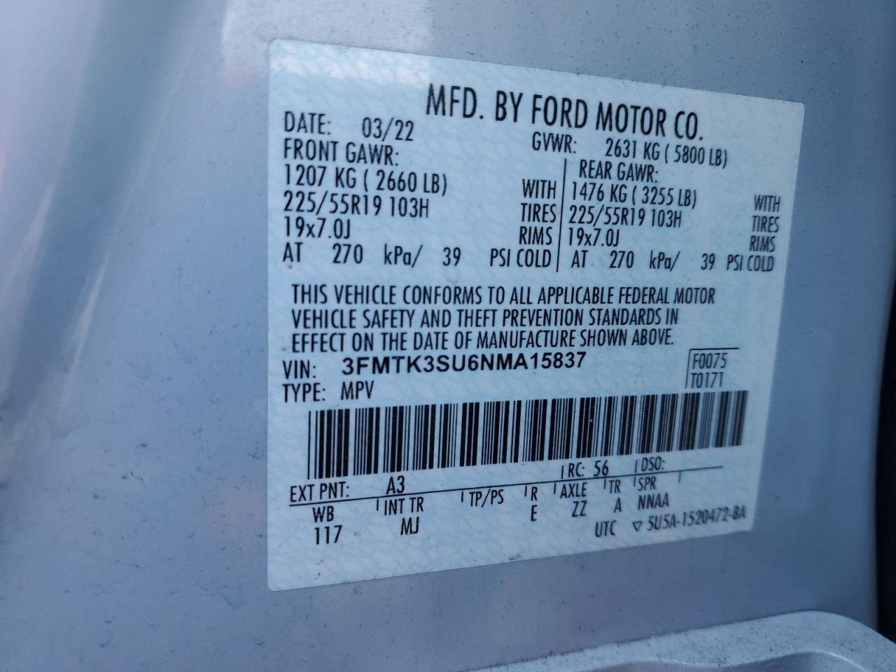 2022 FORD MUSTANG MACH-E PREMIUM VIN:3FMTK3SU6NMA15837