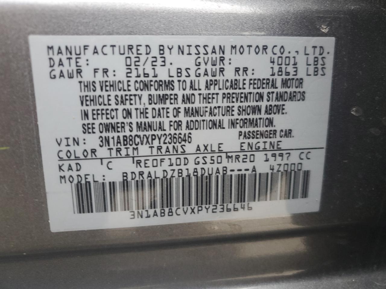 2023 NISSAN SENTRA SV VIN:3N1AB8CVXPY236646