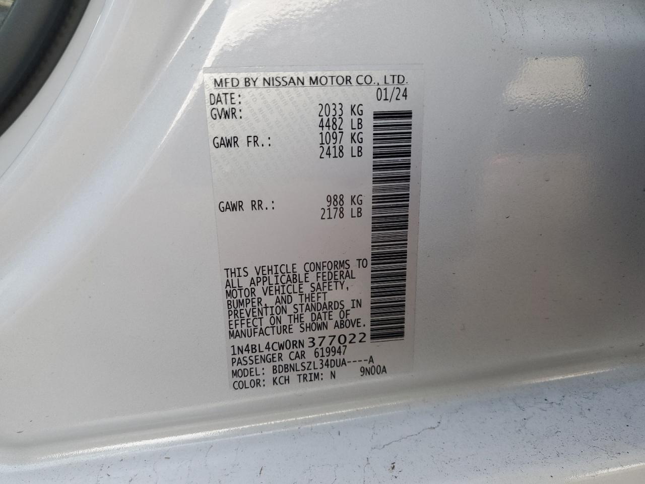2024 NISSAN ALTIMA SR VIN:1N4BL4CW0RN377022
