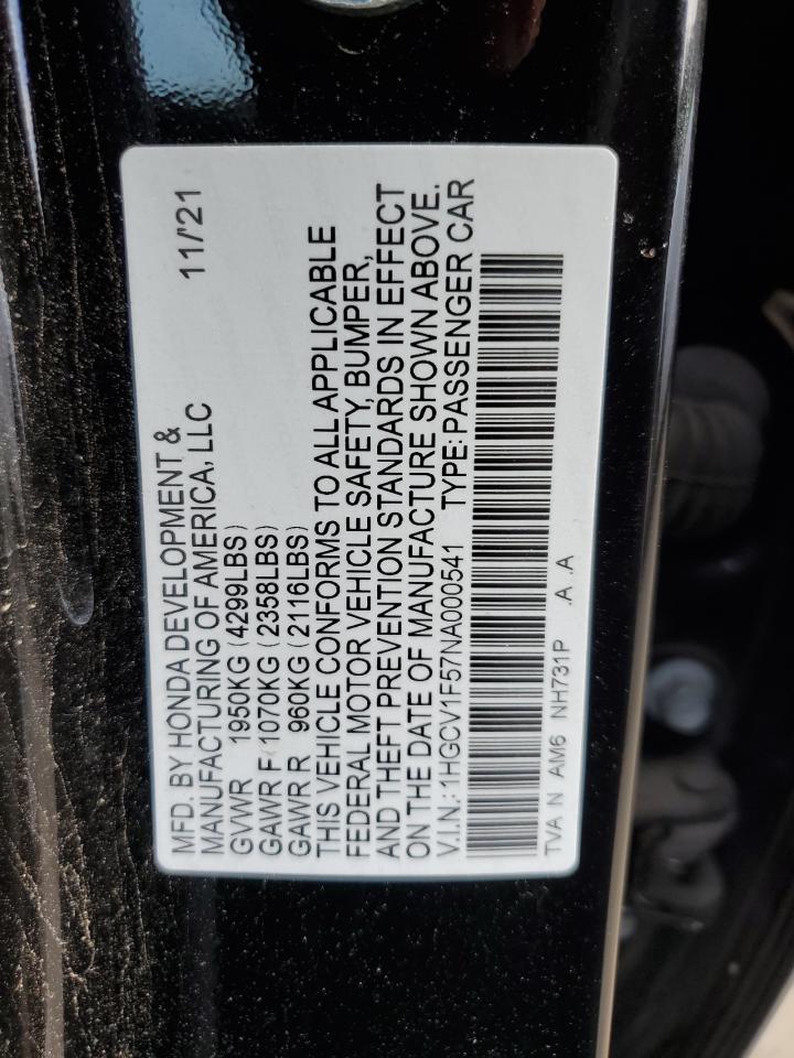 2022 HONDA ACCORD EXL VIN:1HGCV1F57NA000541