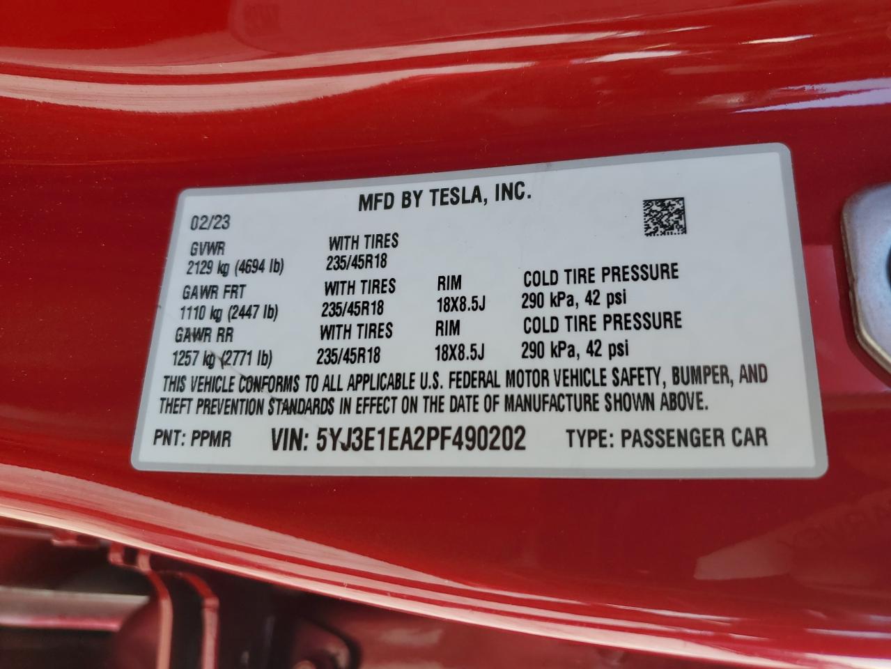 2023 TESLA MODEL 3  VIN:5YJ3E1EA2PF490202