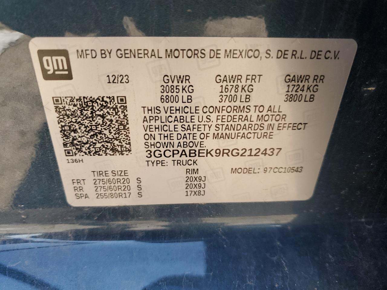 2024 CHEVROLET SILVERADO C1500 CUSTOM VIN:3GCPABEK9RG212437