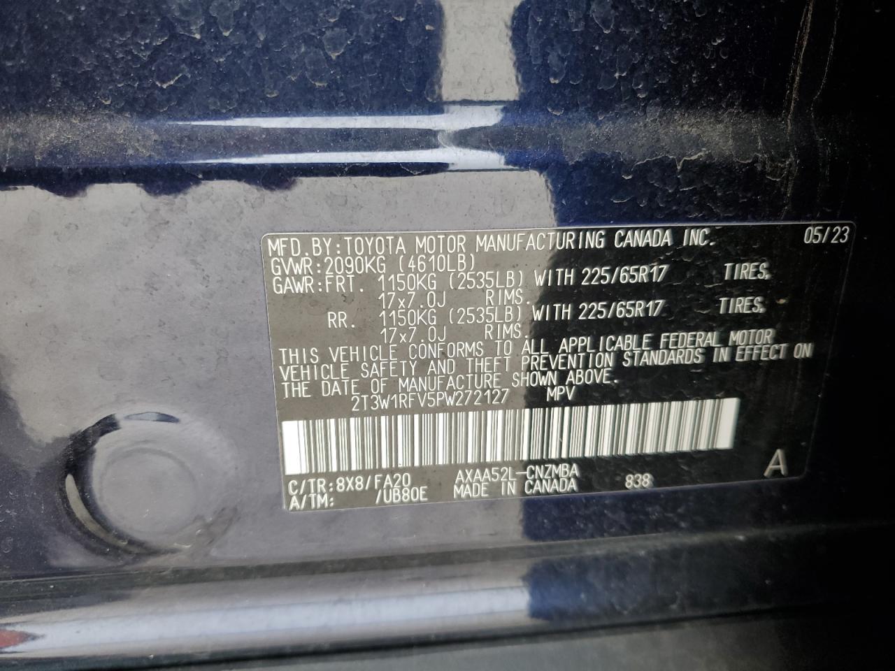 2023 TOYOTA RAV4 XLE VIN:2T3W1RFV5PW272127