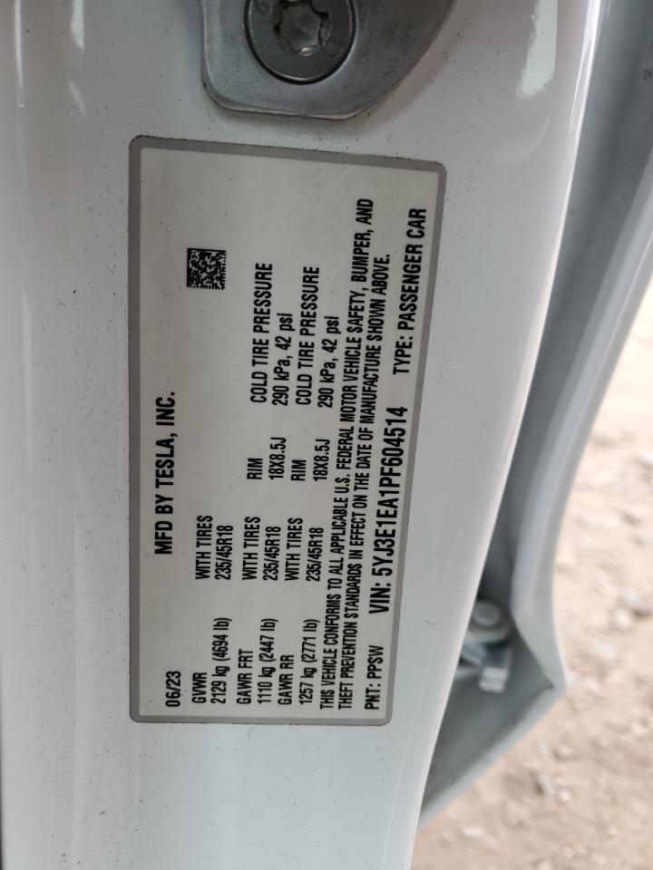 2023 TESLA MODEL 3  VIN:5YJ3E1EA1PF604514