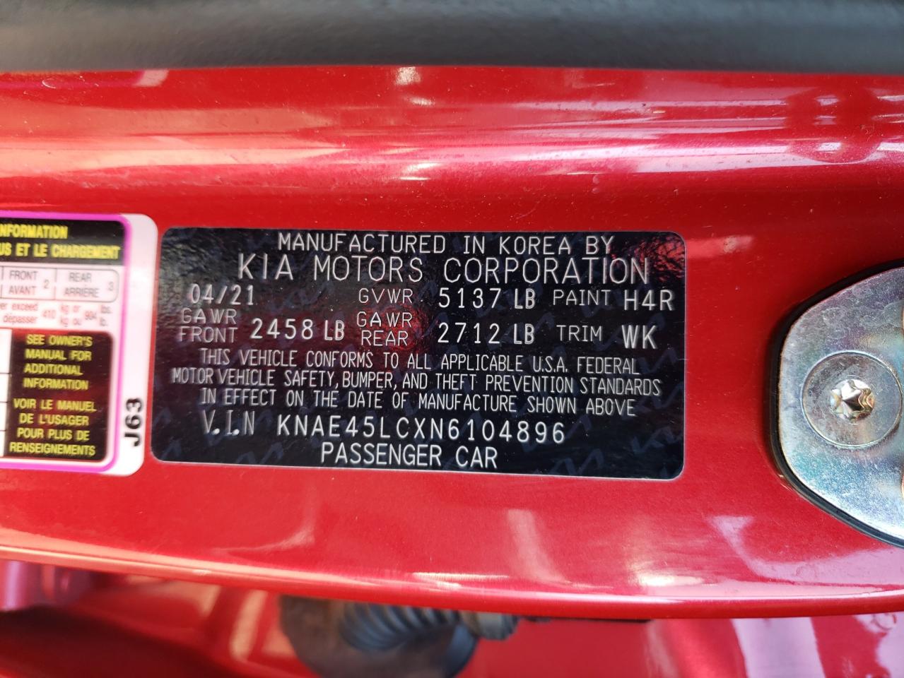 2022 KIA STINGER GT1 VIN:KNAE45LCXN6104896