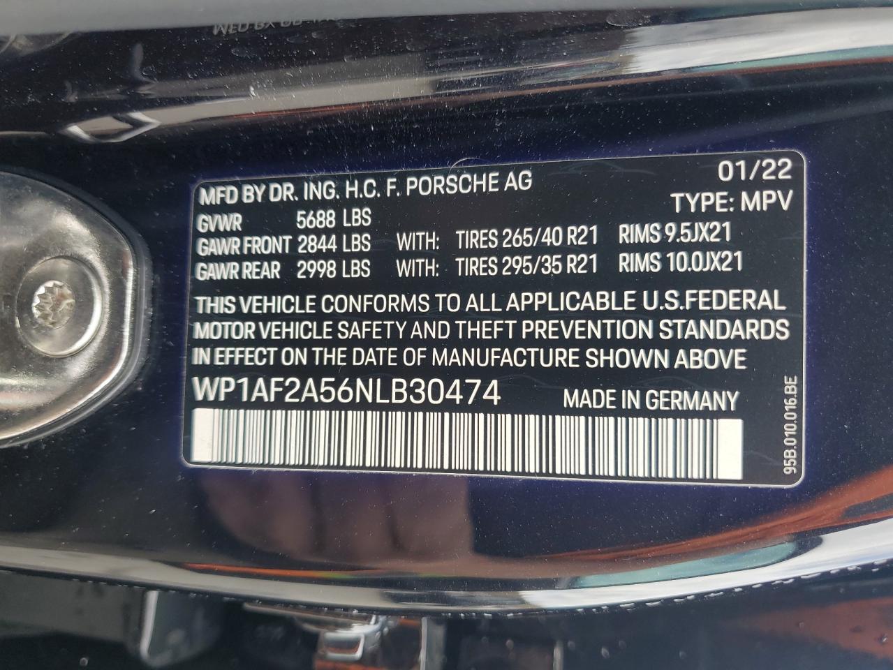 2022 PORSCHE MACAN GTS VIN:WP1AF2A56NLB30474