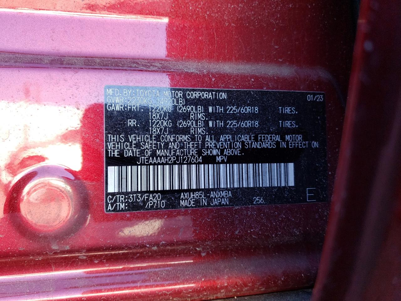 2023 TOYOTA VENZA LE VIN:JTEAAAAH2PJ127604