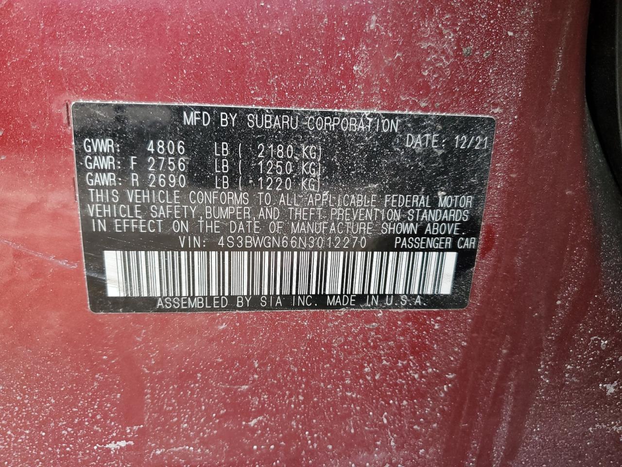 2022 SUBARU LEGACY LIMITED XT VIN:4S3BWGN66N3012270