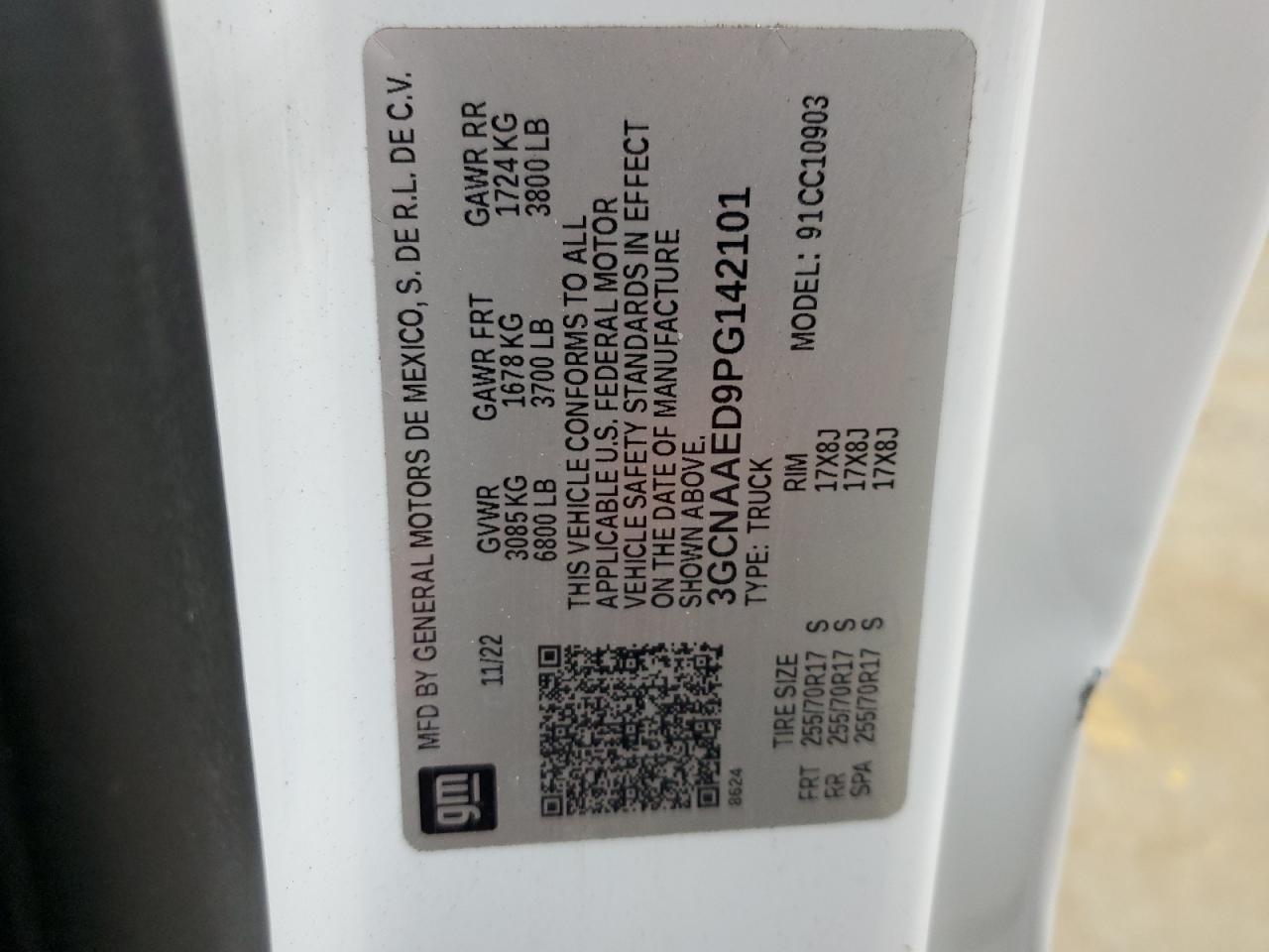 2023 CHEVROLET SILVERADO C1500 VIN:3GCNAAED9PG142101