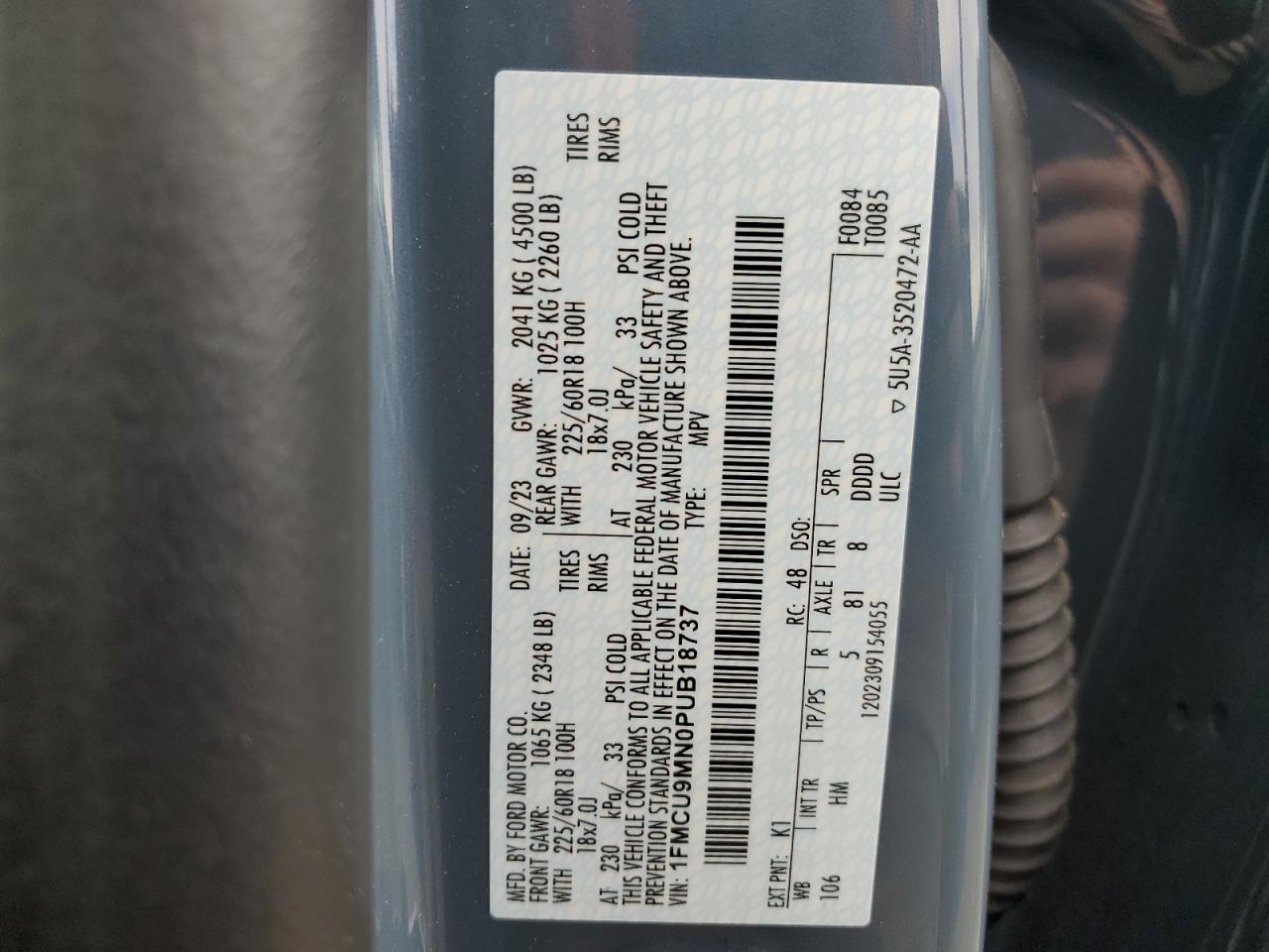 2023 FORD ESCAPE ST LINE VIN:1FMCU9MN0PUB18737