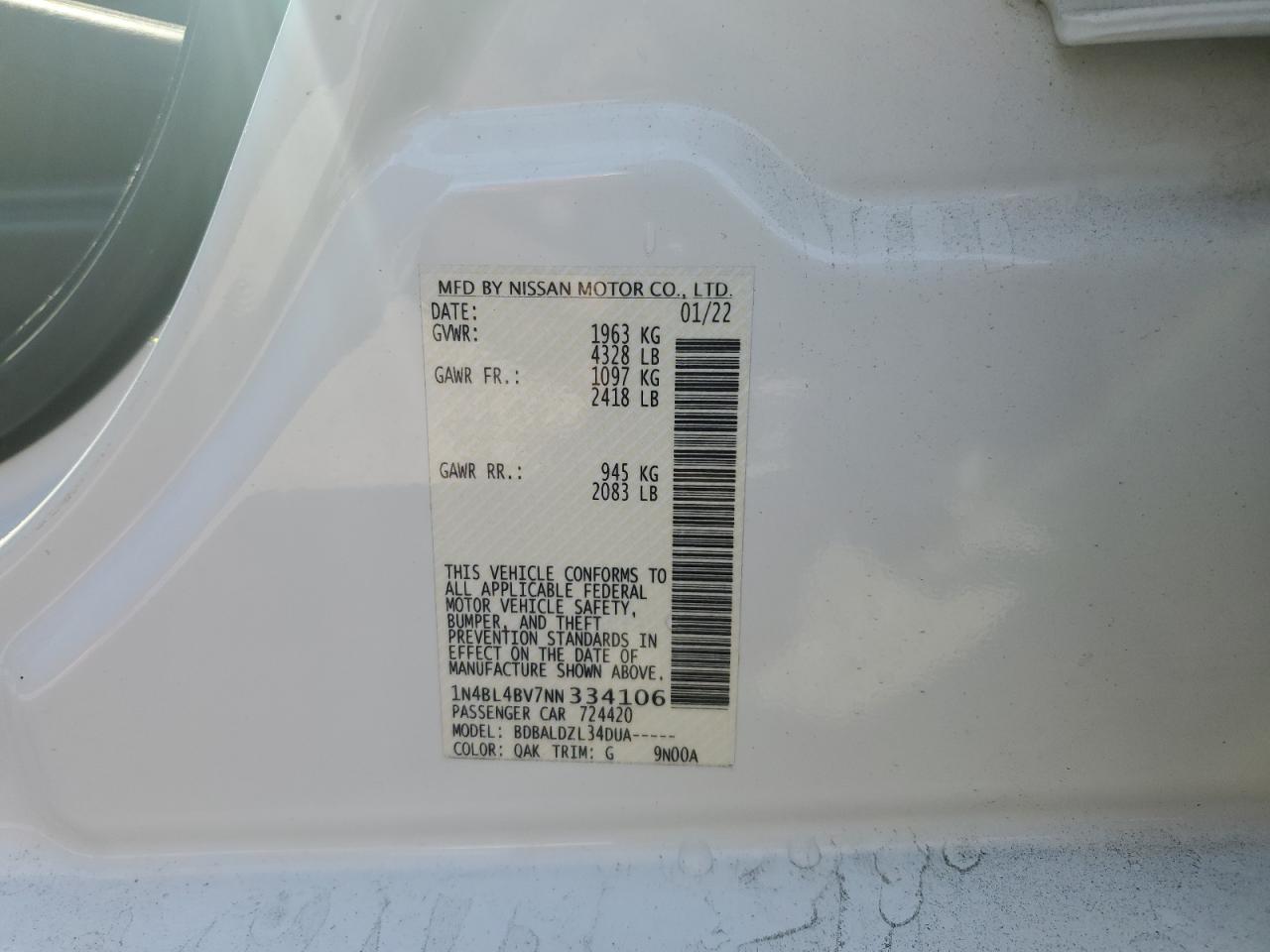 2022 NISSAN ALTIMA S VIN:1N4BL4BV7NN334106