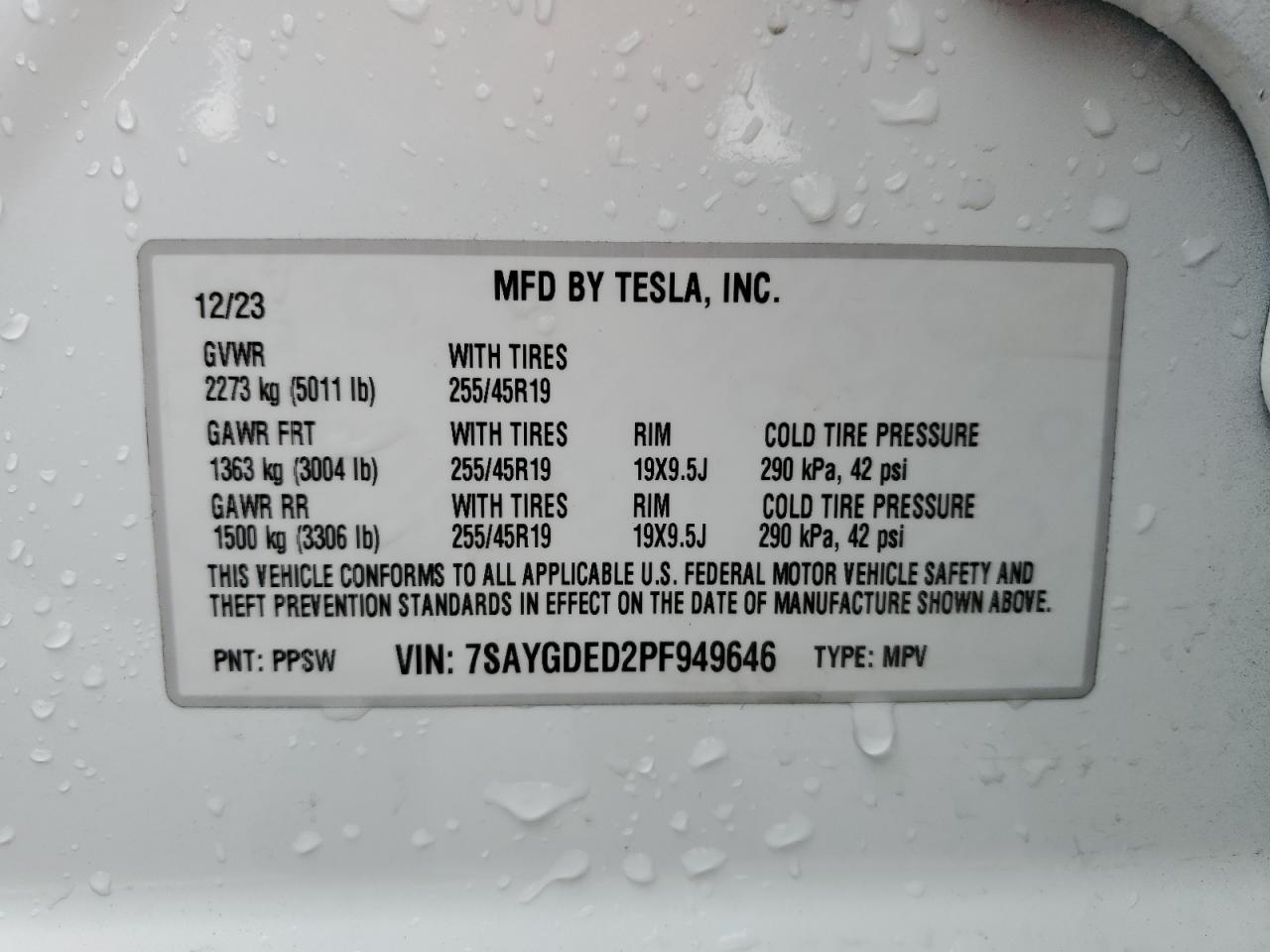 2023 TESLA MODEL Y  VIN:7SAYGDED2PF949646