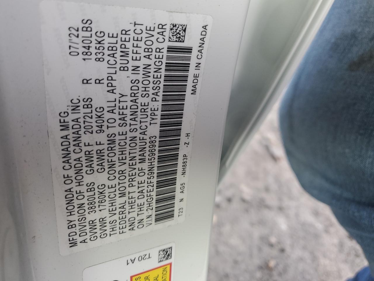 2022 HONDA CIVIC SPORT VIN:2HGFE2F59NH596983