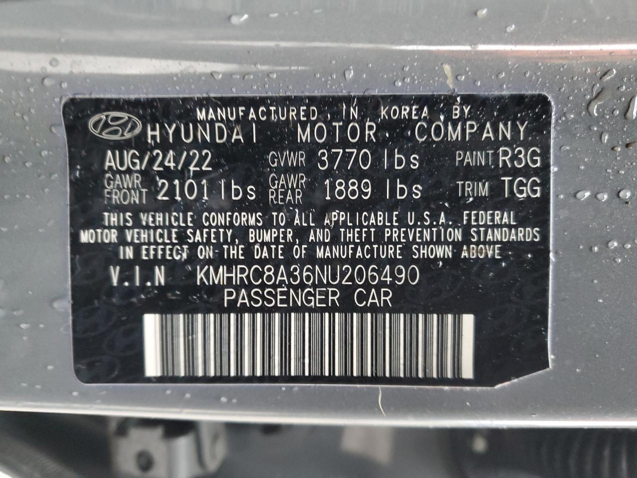 2022 HYUNDAI VENUE SEL VIN:KMHRC8A36NU206490