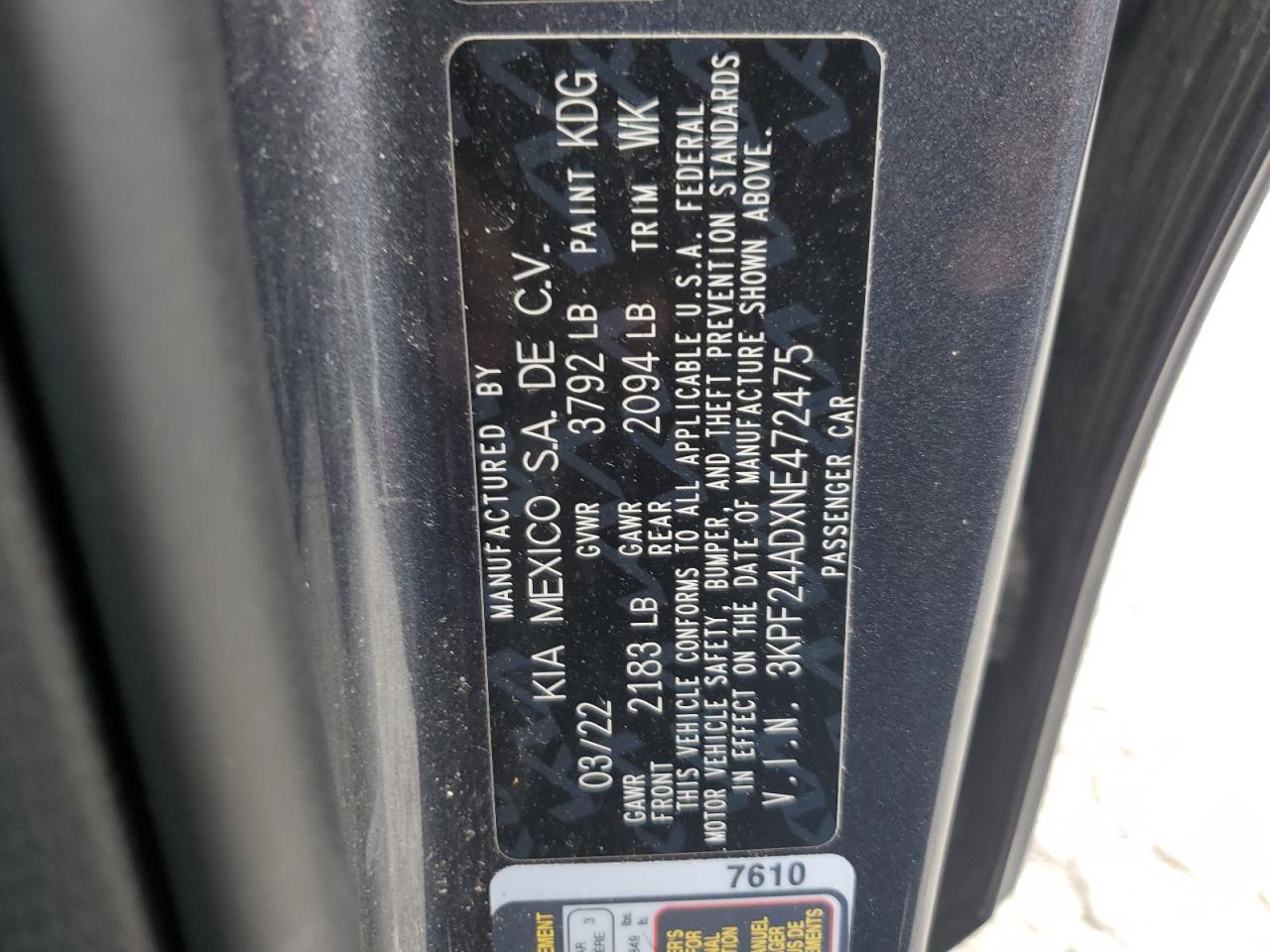 2022 KIA FORTE FE VIN:3KPF24ADXNE472475
